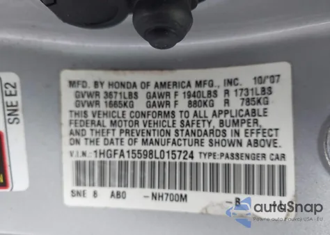 2008 Honda Civic Lx из США, поврежденный, VIN 1HGFA15598L015724